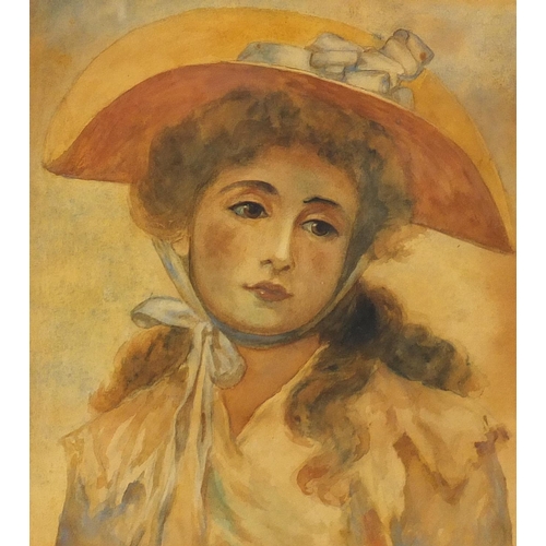 209 - After Renoir - Young girl wearing a bonnet, watercolour and pencil on paper laid on paper, mounted a... 