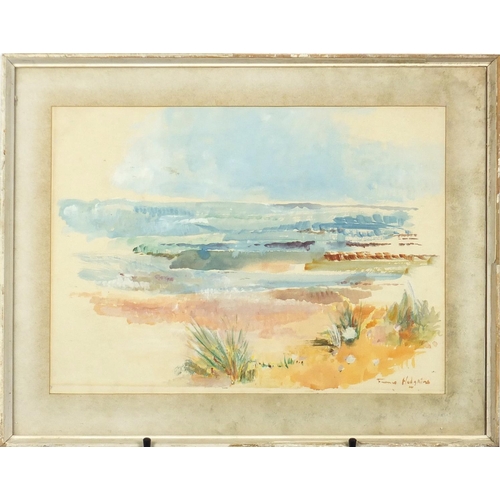 210 - Coastal seascape, watercolour, bearing a signature Fiona Hodgkins, mounted and framed, 48cm x 35cm