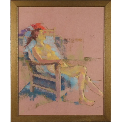 226 - After Frank Dobson - Nude female in a chair, mixed media, framed, 49cm x 38.5cm