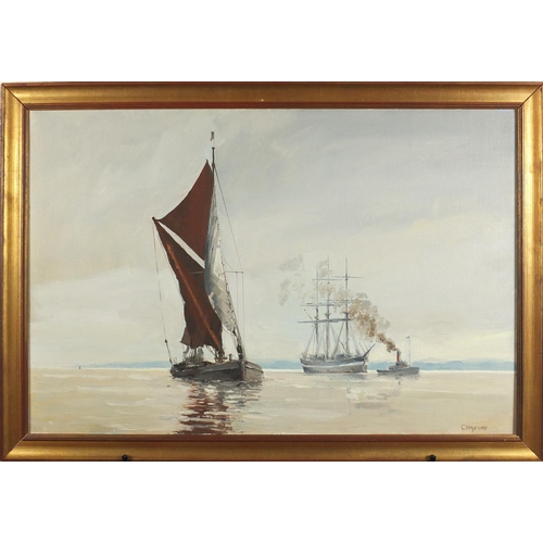 230 - John Cotgrove - Sailing barge, tug and sailing ship, oil on board framed, 75cm x 50cm