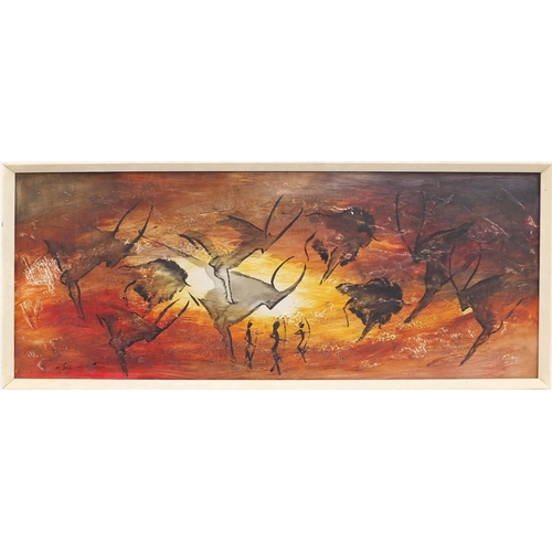 266 - Abstract composition, African animals, oil on board, bearing an indistinct signature, framed, 112.5c... 