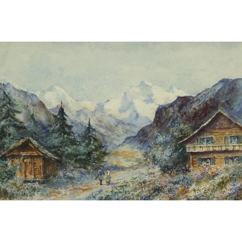 32 - Leyton Forbes - Swiss Alps with figures, watercolour, mounted and framed, 22.5cm x 15cm