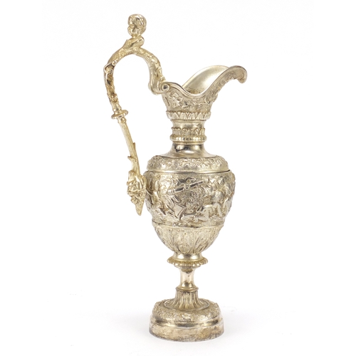 198 - Silver plated wine ewer, cast with grape vines and putti, 36.5cm high