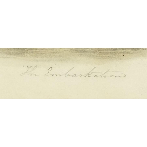 82 - The Embarkation, early 19th century Italian school pencil and wash, label verso, framed, 20.5cm x 15... 