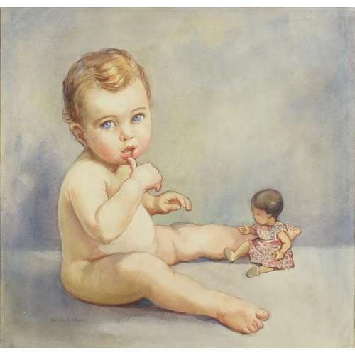 149 - Helen R Paul - Nude child with a doll, watercolour, Rowley label verso, mounted and framed, 47cm x 4... 