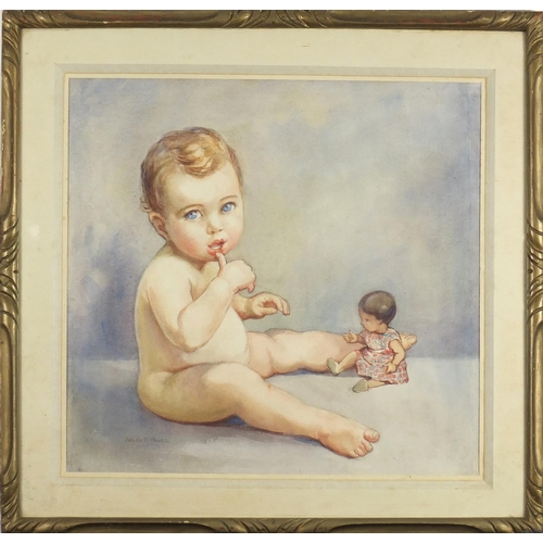 149 - Helen R Paul - Nude child with a doll, watercolour, Rowley label verso, mounted and framed, 47cm x 4... 