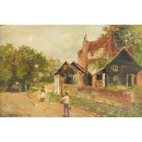 220 - After Stanhope Alexander Forbes - Figures before a cottage, oil on board, framed, 35cm x 23.5cm