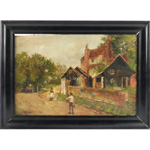 220 - After Stanhope Alexander Forbes - Figures before a cottage, oil on board, framed, 35cm x 23.5cm