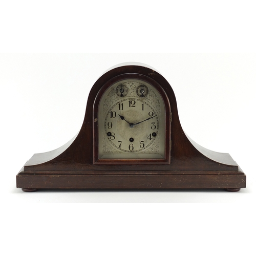 129 - Mahogany napoleon hat Westminster chiming mantel clock striking on five rods by Kenzle, with ornate ... 