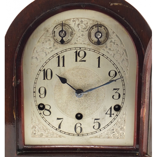 129 - Mahogany napoleon hat Westminster chiming mantel clock striking on five rods by Kenzle, with ornate ... 