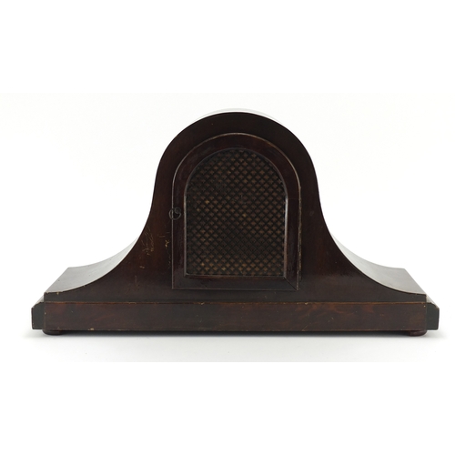 129 - Mahogany napoleon hat Westminster chiming mantel clock striking on five rods by Kenzle, with ornate ... 