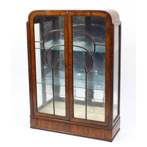 8 - Art Deco walnut display cabinet fitted with two glass shelves, 122cm H x 86cm W x 30cm D