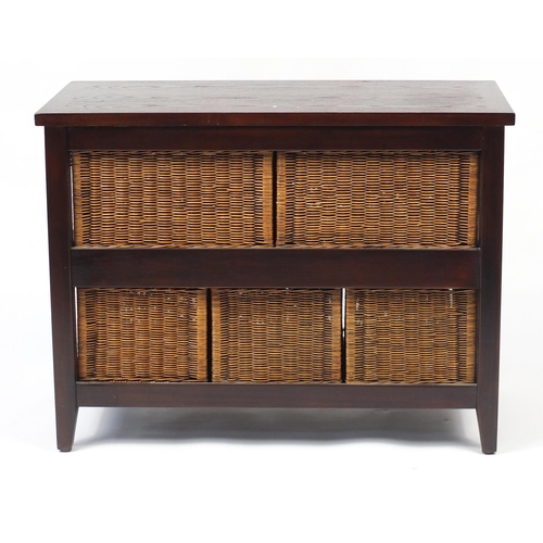 20 - Mahogany side cabinet with five wicker drawers, 66cm H x 88cm W x 41cm D
