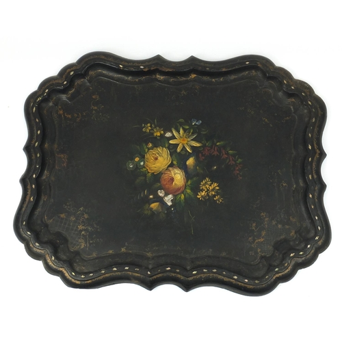 77 - Victorian papier maché tray with mother of pearl inlay, hand painted with flowers, 82cm x 63cm