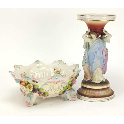 157 - Continental porcelain Three Graces pedestal and a fruit bowl, the pedestal 30cm high