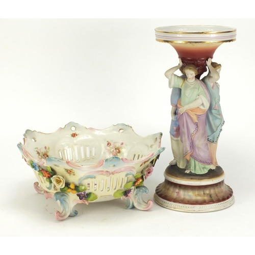 157 - Continental porcelain Three Graces pedestal and a fruit bowl, the pedestal 30cm high