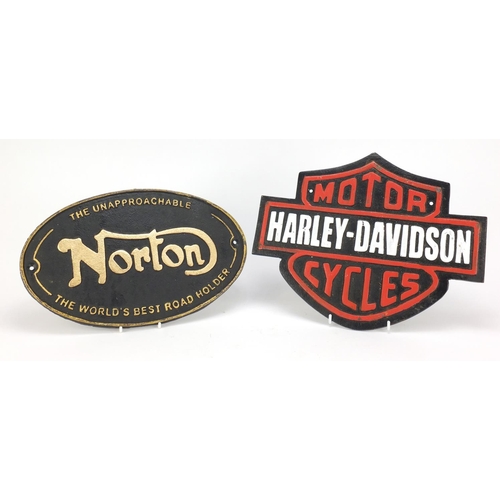 209A - Two motorcycle advertising cast iron plaques - Norton and Harley Davidson, the larger 33cm in length