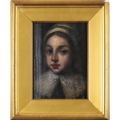 204 - Old master style portrait of a young girl, oil onto board, framed, 17cm x 12cm