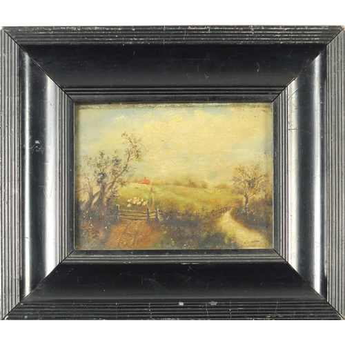 165 - Shepherd with sheep in a field, oil on canvas, framed, 17cm x 12.5cm