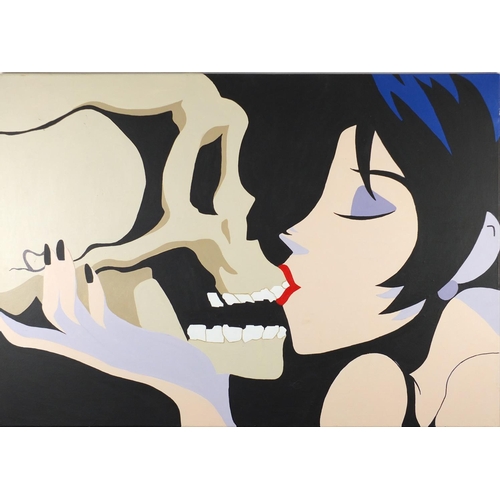 111 - Surreal female kissing a skull, American Pop Art school oil onto canvas, unframed, 102cm x 71cm