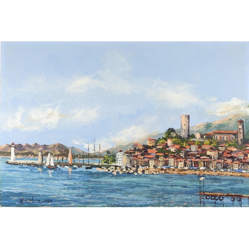 97 - A Lechaine - Continental harbour, oil onto canvas, unframed, 90cm x 60cm