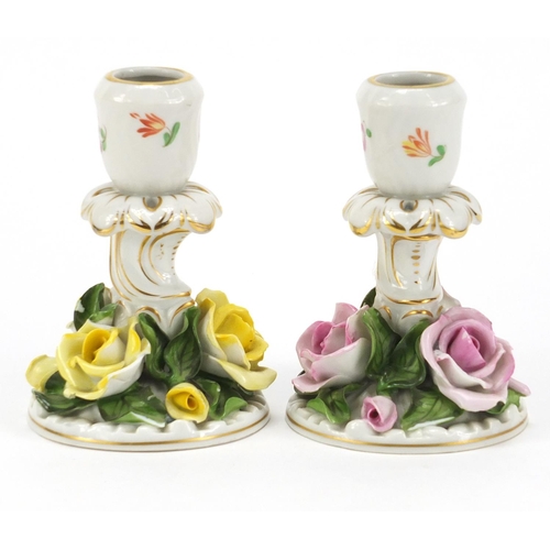 90 - Pair of Herend hand painted porcelin candlesticks, 13cm high