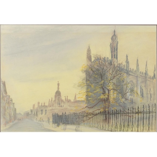 96 - Kings College Cambridge, mixed media, bearing an indistinct signature, mounted and framed, 43.5cm x ... 