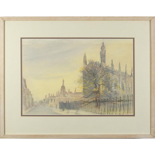 96 - Kings College Cambridge, mixed media, bearing an indistinct signature, mounted and framed, 43.5cm x ... 