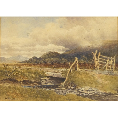 183 - H R Syer - Stream before a mountain landscape, watercolour, mounted and framed, 34cm x 25cm