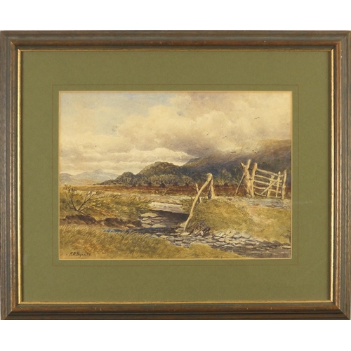 183 - H R Syer - Stream before a mountain landscape, watercolour, mounted and framed, 34cm x 25cm