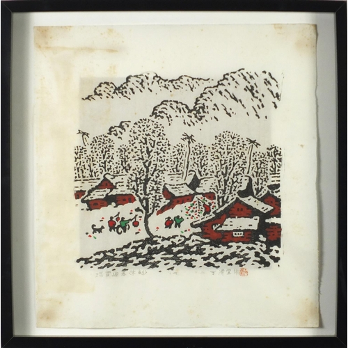 147 - Chinese winter landscape, woodblock print, pencil signed, framed, 46cm x 42.5cm