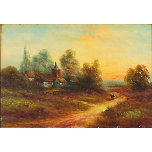 91 - Figures beside cottages, Edwardian oil onto card, bearing an indistinct signature, mounted and frame... 