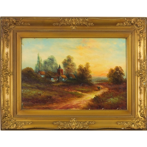 91 - Figures beside cottages, Edwardian oil onto card, bearing an indistinct signature, mounted and frame... 