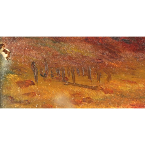 91 - Figures beside cottages, Edwardian oil onto card, bearing an indistinct signature, mounted and frame... 