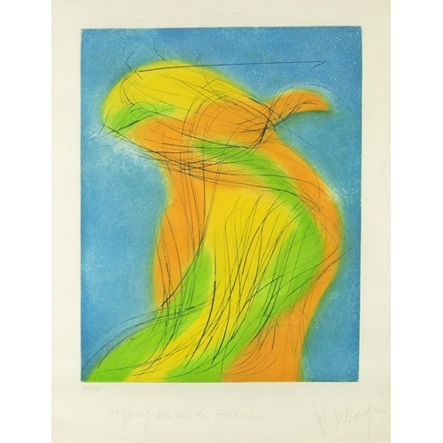 144 - Abstract pencil signed limited edition etching, numbered 44/130, mounted and framed, 56.5cm x 43.5cm