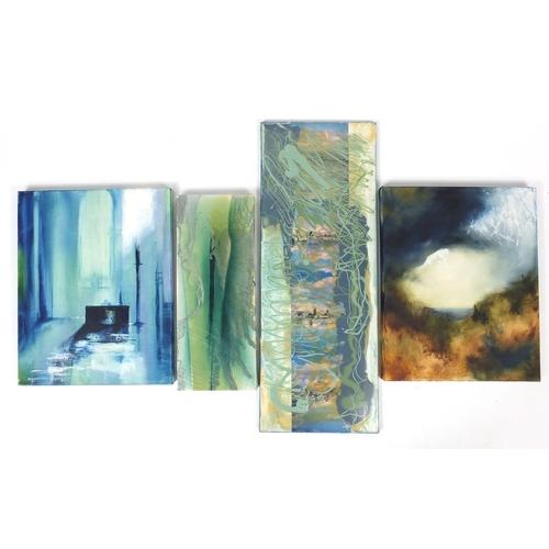 113 - Karen Coles and Jayne Jones - Four mixed media and oil onto canvases, unframed, the largest 81cm x 5... 