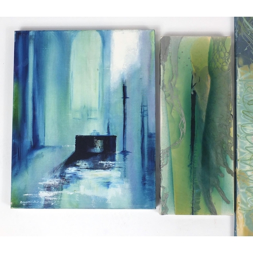 113 - Karen Coles and Jayne Jones - Four mixed media and oil onto canvases, unframed, the largest 81cm x 5... 