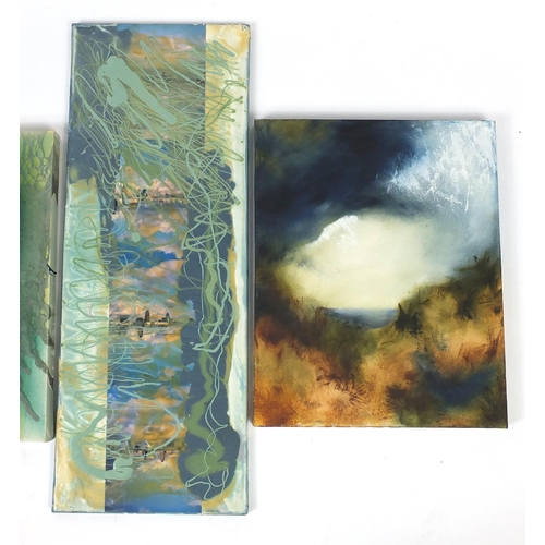 113 - Karen Coles and Jayne Jones - Four mixed media and oil onto canvases, unframed, the largest 81cm x 5... 