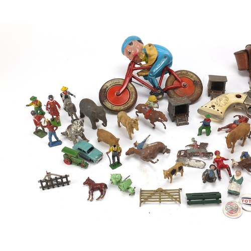 227 - Vintage toys including hand painted lead farmyard animals, toy gun and Tri-ang Cord bicycle