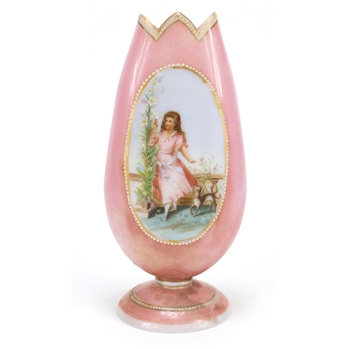 136 - Victorian opaline glass vase hand painted with a panel of a young girl and her dog, 26cm high