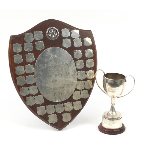 214 - Oak Golf Challenge shield with unmarked silver plaques and a silver plated trophy