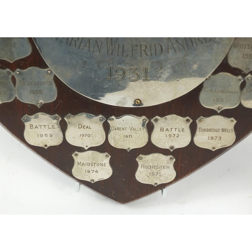 214 - Oak Golf Challenge shield with unmarked silver plaques and a silver plated trophy