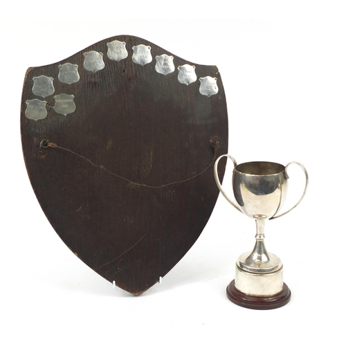 214 - Oak Golf Challenge shield with unmarked silver plaques and a silver plated trophy