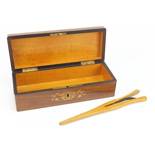 191 - French inlaid rosewood glove box and a pair of olive wood glove stretchers, the box 26.5cm wide