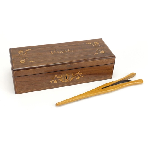 191 - French inlaid rosewood glove box and a pair of olive wood glove stretchers, the box 26.5cm wide