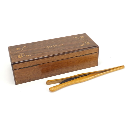 191 - French inlaid rosewood glove box and a pair of olive wood glove stretchers, the box 26.5cm wide