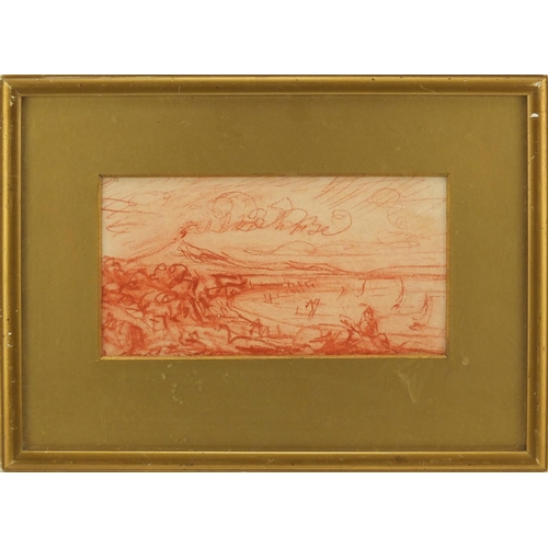 179 - Coastal scene, sanguine chalk, mounted and framed, 17.5cm x 9.5