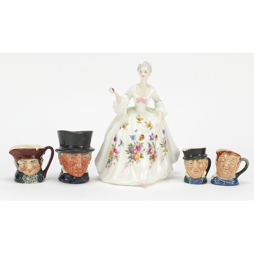 218 - Four miniature Royal Doulton character jugs and a Royal Doulton figurine, 20cm high