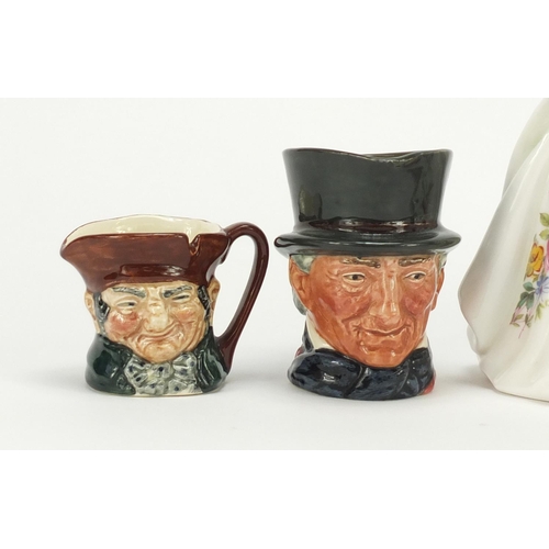 218 - Four miniature Royal Doulton character jugs and a Royal Doulton figurine, 20cm high