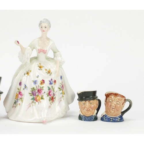 218 - Four miniature Royal Doulton character jugs and a Royal Doulton figurine, 20cm high